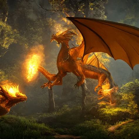 Krea A Dragon Breathing Fire In A Fantasy Forest Fantasy Demo In