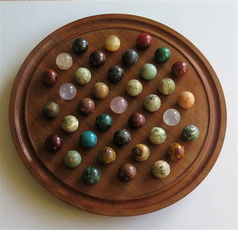 Large Marble Table Solitaire Game With 37 Mineral Stone Marbles Circa