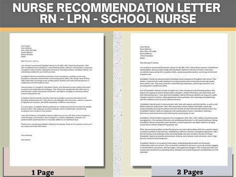 Letter Of Recommendation Template For Nurses Rn Lpn School Etsy