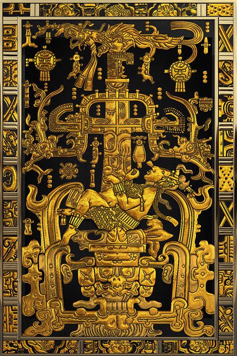 Lid Of The Great Tomb Of Pakal Gold Palenque Astronaut Over Black No