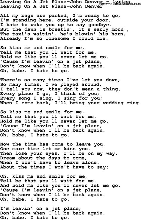 Love Song Lyrics For Leaving On A Jet Plane John Denver