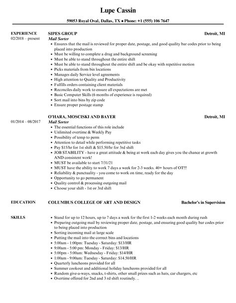 Mail Sorter Resume Sample Amp Tips Online Resume Builder