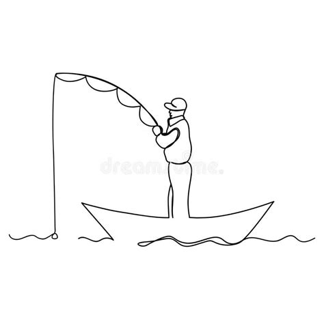 Man Fishing From A Boat Line Art Stock Vector Illustration Of