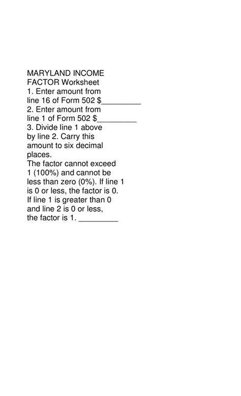 Maryland Maryland Income Factor Worksheet Fill Out Sign Online And