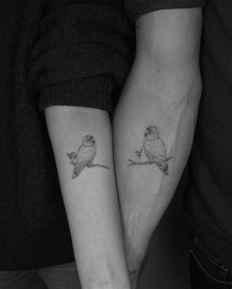 Matching Lovebirds Tattoo For Couple Micro Realistic