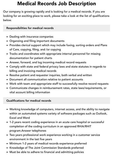 Medical Records Job Description Velvet Jobs