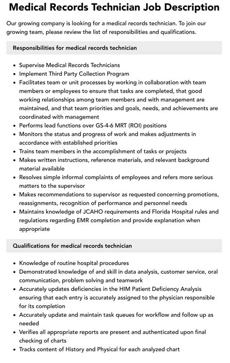 Medical Records Technician Ii Job Description