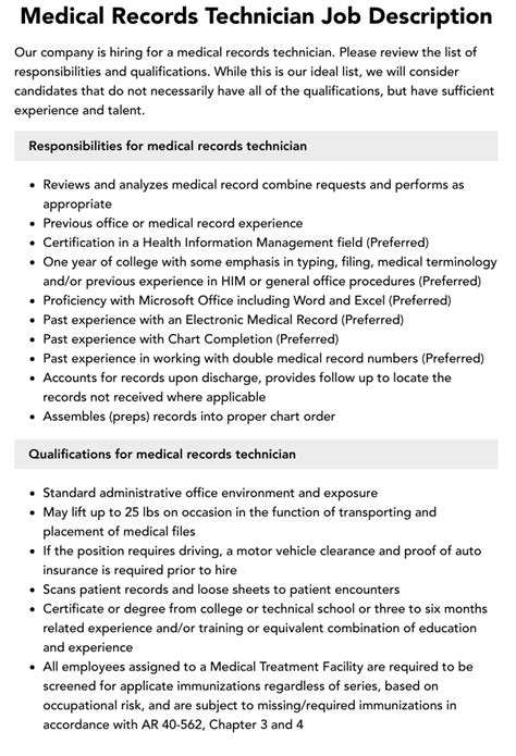 Medical Records Technician Job Duties and Responsibilities