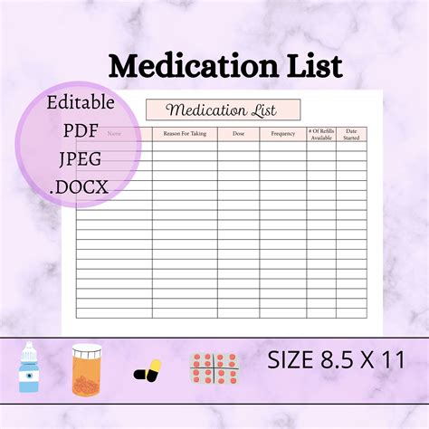 Medication List Editable And Printable Template Pdf Jpg Amp Etsy Medication List Medication