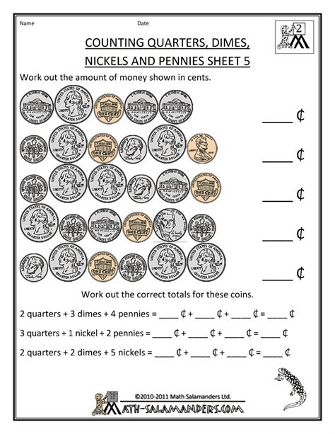 Money Worksheets For 2Nd Grade Math Salamanders Comcounting Quarters