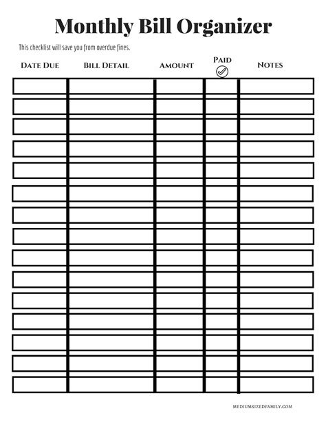 Monthly Bill Organizer Template Word