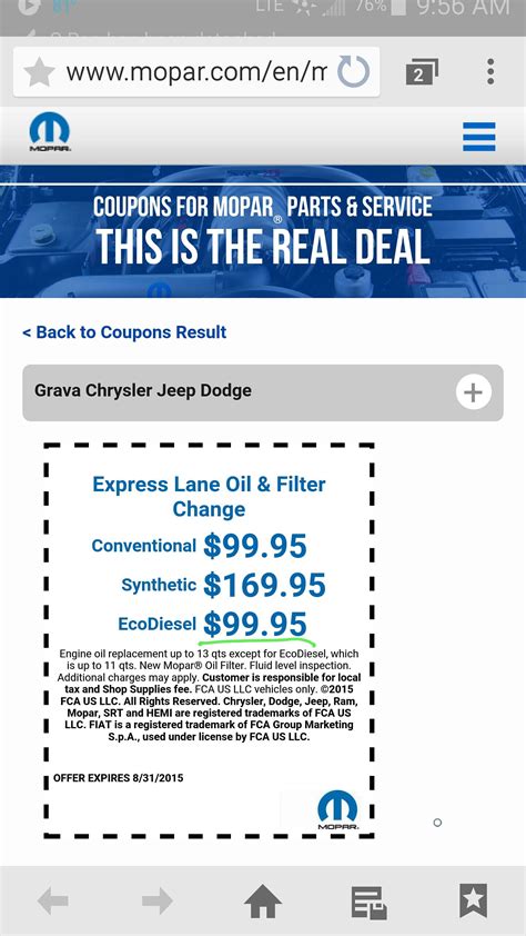 Mopar Oil Change Coupons Updated With Ed Text