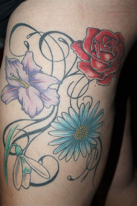 My Floral Thigh Tattoo Beautiful Birth Month Flowers And A Rose