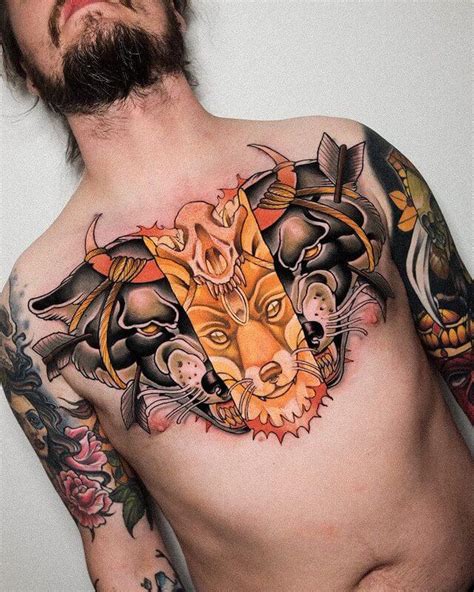 Neo Traditional Tattoo On Chest In 2021 Traditional Chest Tattoo