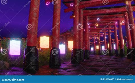 Neon Torii Gates At Dusk Paper Lanterns Magical Ambiance 3D Illustration Stock Illustration