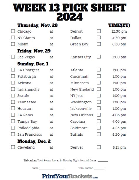 Print NFL Week 13 Schedule