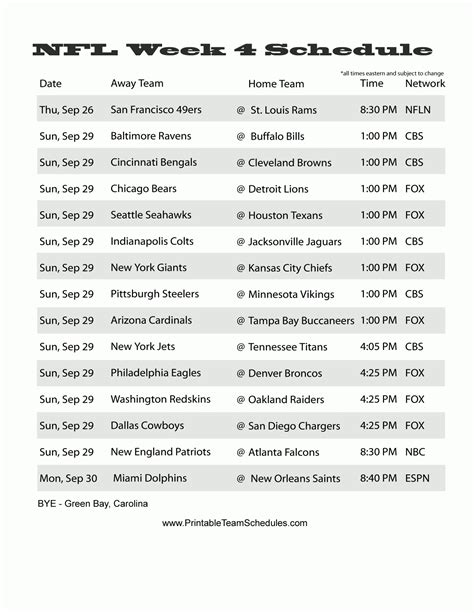 NFL Week 9 Schedule Printable 2023 Football Games