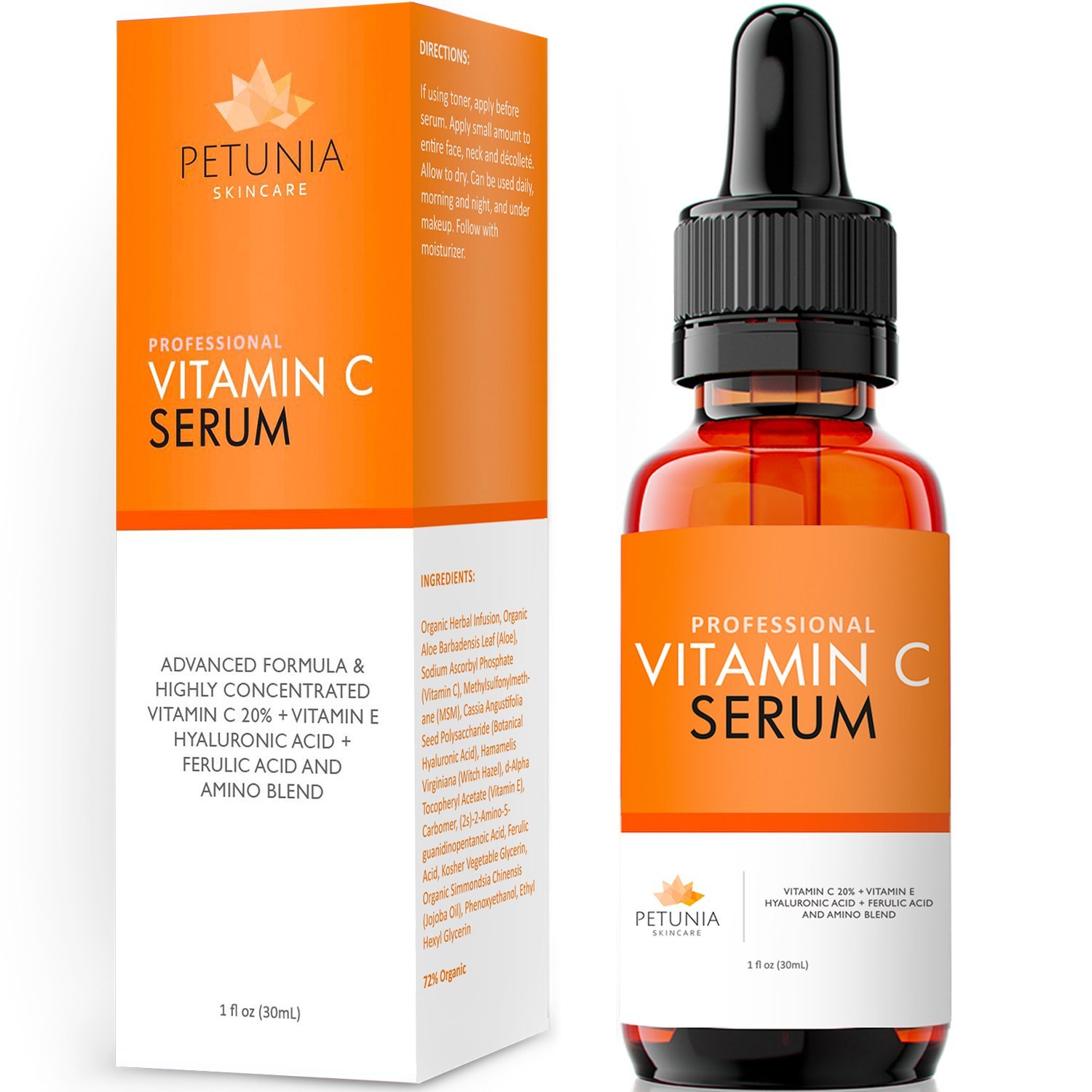 Organic Vitamin C Serum For Face 20% With Hyaluronic Acid, Vitamin E ...