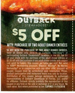 Outback Steakhouse Coupon 5 Off Two Dinner Entrees Dine In Or Take