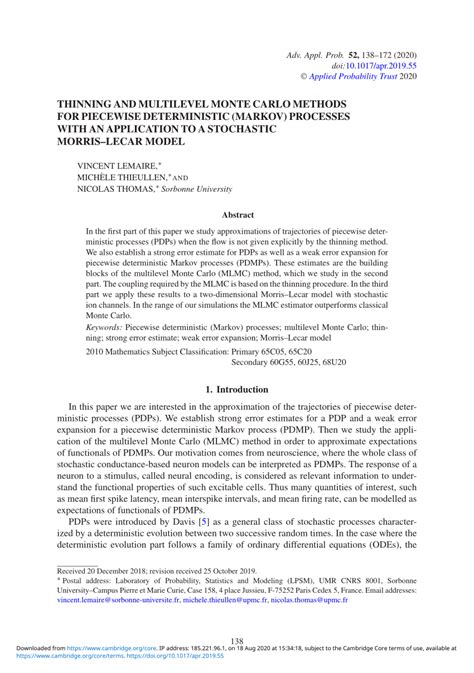 Pdf Thinning And Multilevel Monte Carlo Methods For Piecewise Deterministic Markov Processes