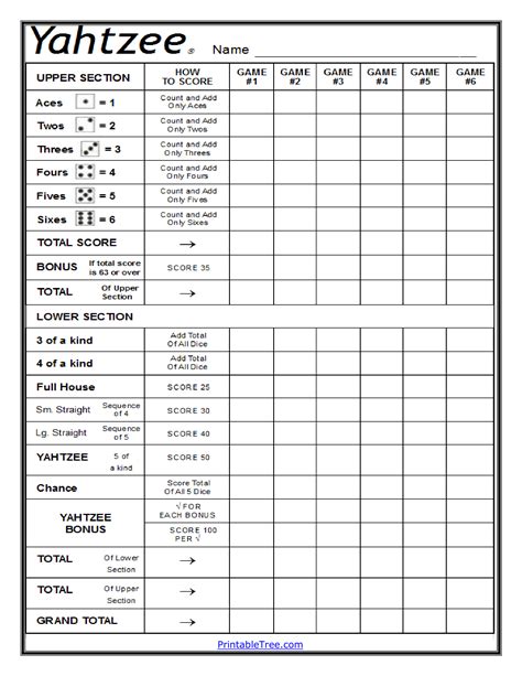 Yahtzee Score Sheet PDF Free Printable Download