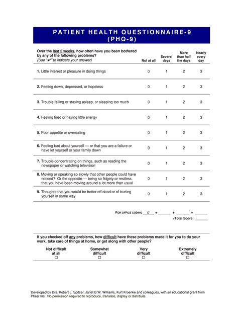 PHQ-9 Printable: Quick Patient Health Questionnaire Screening