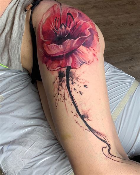 Pink Watercolor Poppy Hip Thigh Tattoo