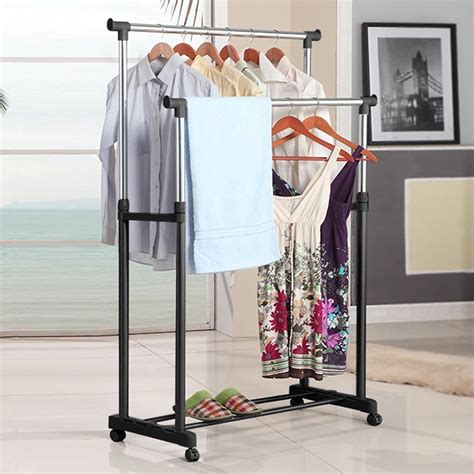 Portable Double Rail Collapsible Adjustable Clothes Rolling Garment Hanger Rack 711717663913 Ebay