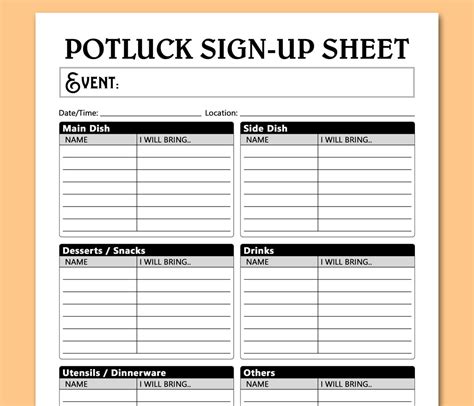 Potluck Sign Up Sheet Printable Template Potluck Dinner Party Etsy