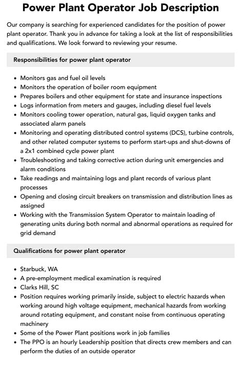 Power Plant Operator Job Description