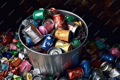 Premium Ai Image Closeup Of Crushed Aluminum Cans In A Recycling Bin