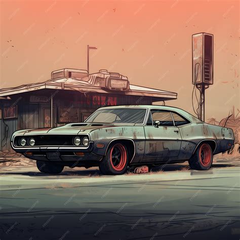 Premium Ai Image Sketch Of A Postapocalyptic Muscle Car Side View Standing Near To Gas Station