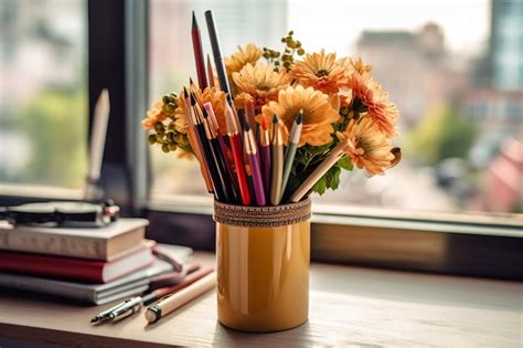 Premium Ai Image Stylish Pen Holder With Flower Vase On Table