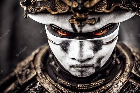 Premium Photo Action Film Samurai Wearing An Oni Mask Made Of Dark