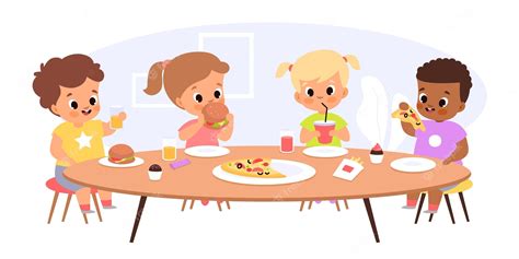 Premium Vector Children Eat Together Happy Kids Sitting Common Table