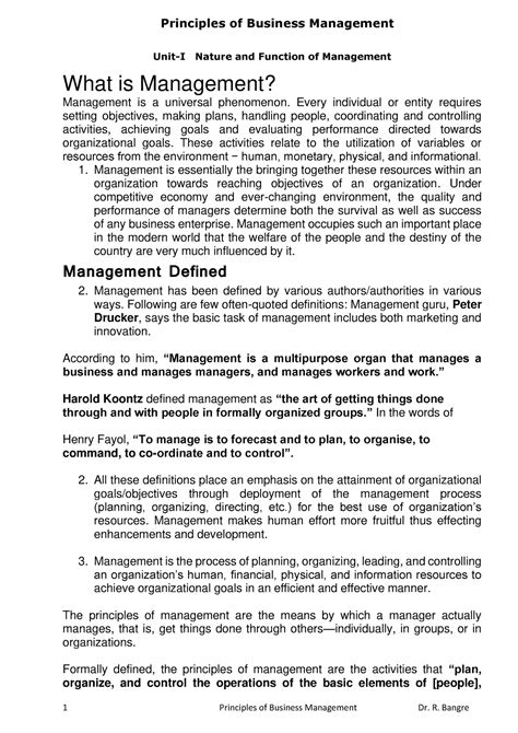 Principles Of Business Management Unit I Principles Of Business Management Unit I Nature And