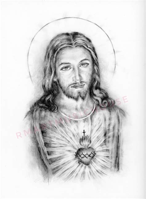 Print Of The Sacred Heart Of Jesus Christ Pencil Drawing 5X7 8 5X11