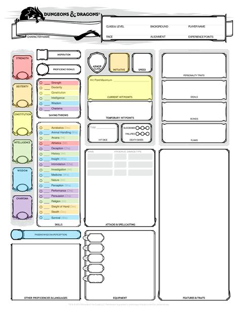 5e Character Sheet Printable Template for D&D Players