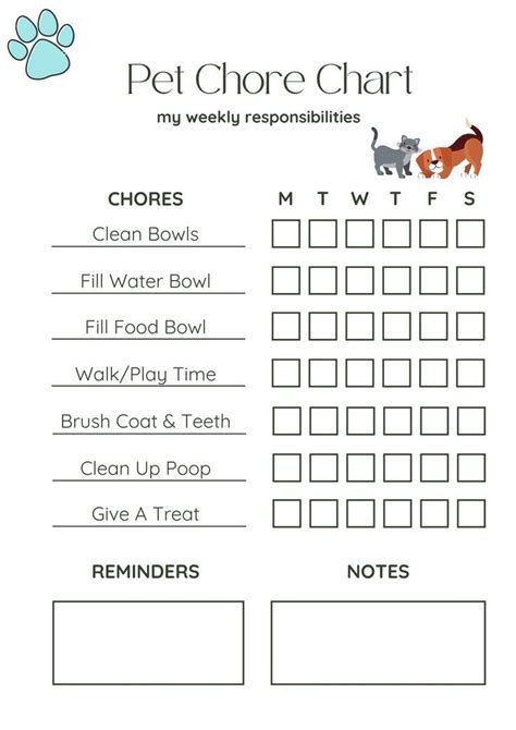 Printable Child S Pet Care Chart Chore Chart Pet Records Cat Dog Records Instant Digital Download