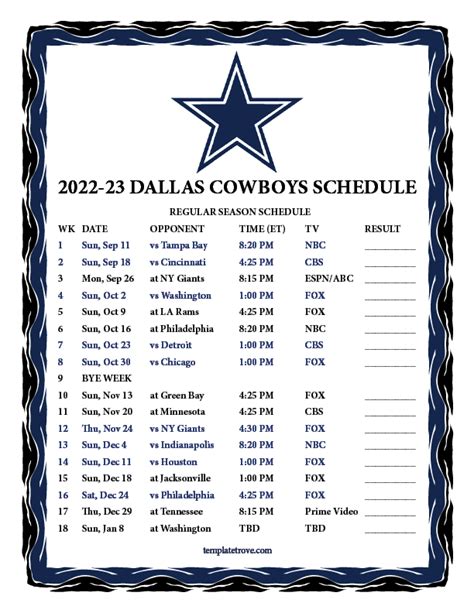 Dallas Cowboys Schedule Printable 2023