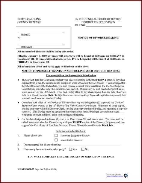 North Carolina Divorce Papers: Free Printable Templates