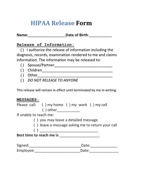 HIPAA Release Form Template Free Printable Download