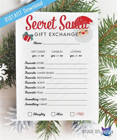 Printable Holiday Gift Exchange Secret Santa Questions