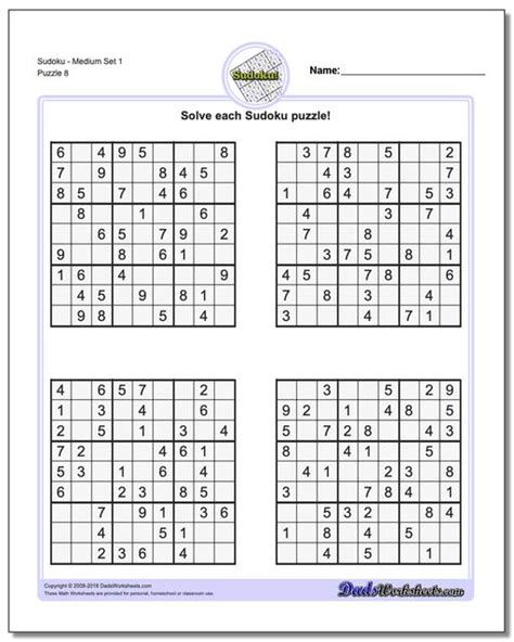 Printable Medium Sudoku Https Www Dadsworksheets Com Puzzles Sudoku