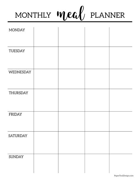 Printable Menu Planner Free Weekly Meal Planner Horizontal Monday Start