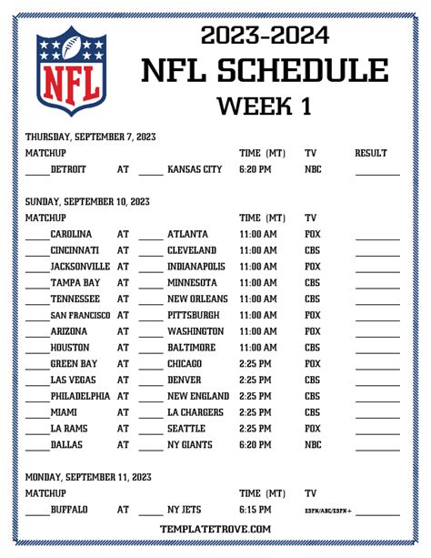 Printable Nfl Football Weekly Schedule 2023