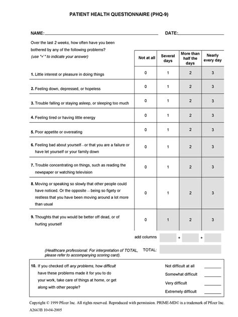 Printable Phq 9 Questionnaire