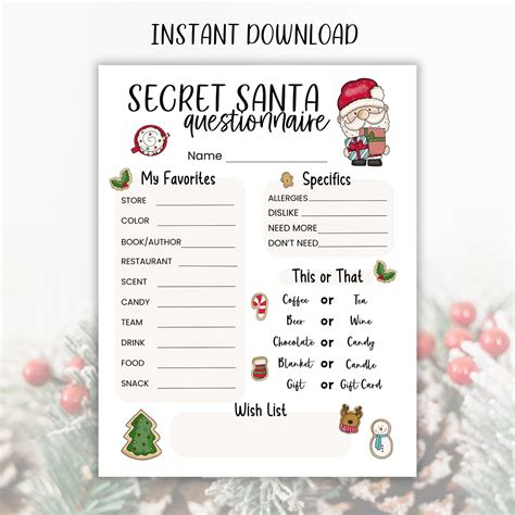 Printable Secret Santa Questions Etsy