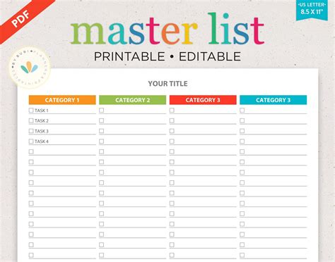 Printable To Do List Editable Checklist Template Master List Task