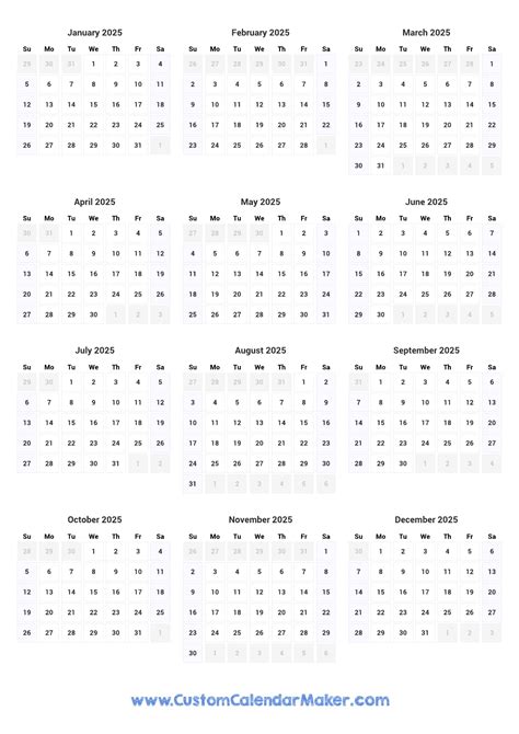 Printable Yearly Calendar 2025 Full Year At A Glance Custom